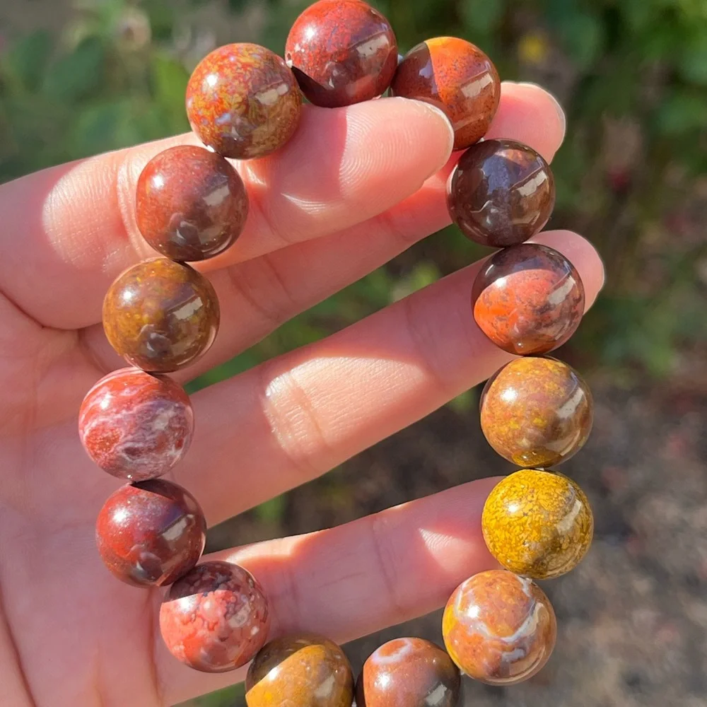 14mm stretchable red‎ brown moss agate bracelet